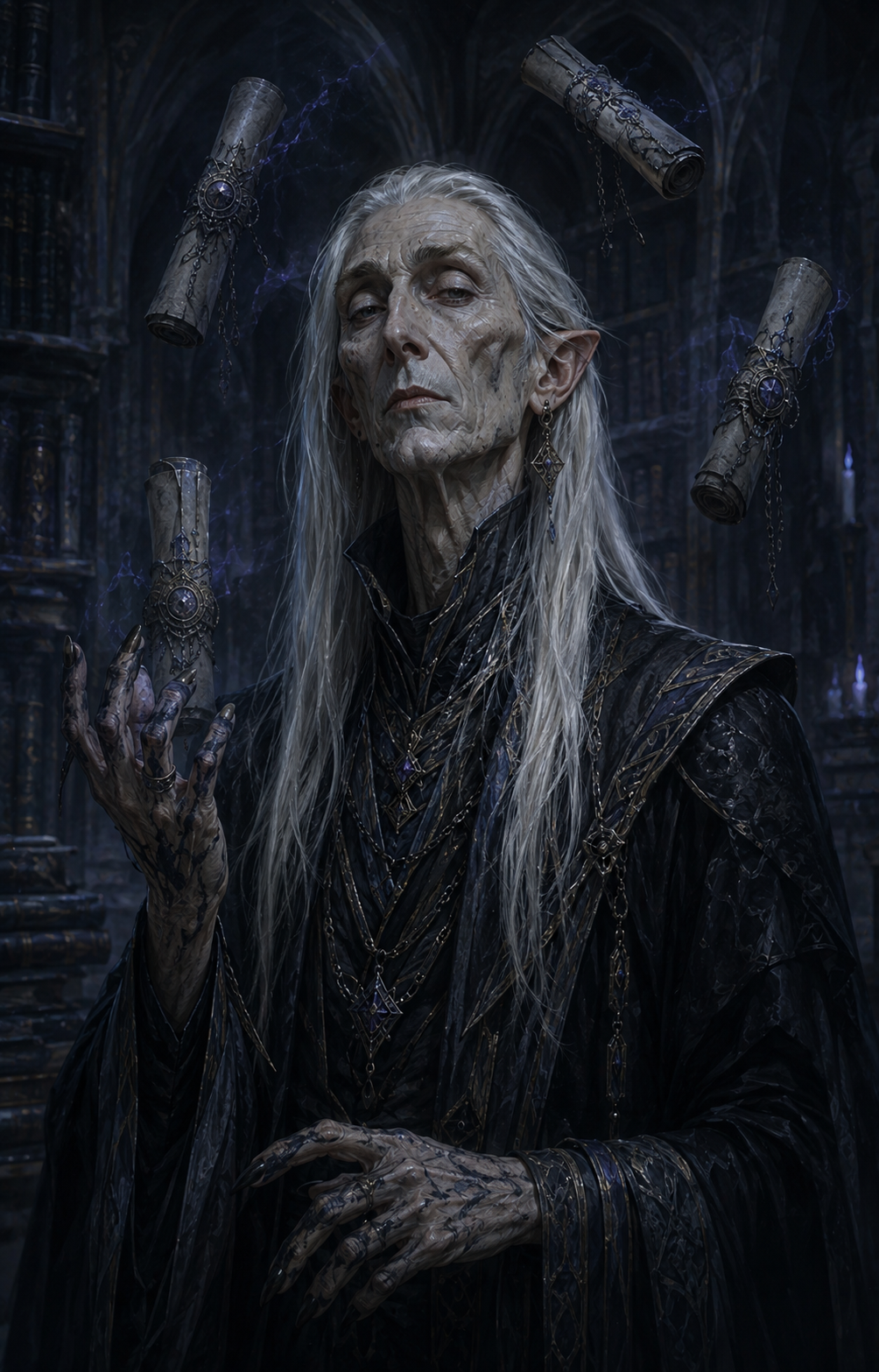 Painterly portrait of Nethys Coldveil, the Undying Archivist