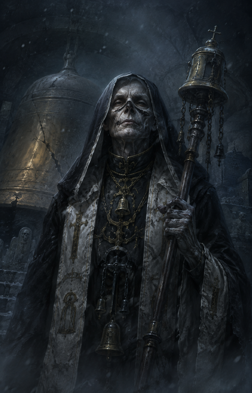 Painterly portrait of undead Prior Wenlock Cairnbell, the Bell-Sexton, in a cathedral crypt