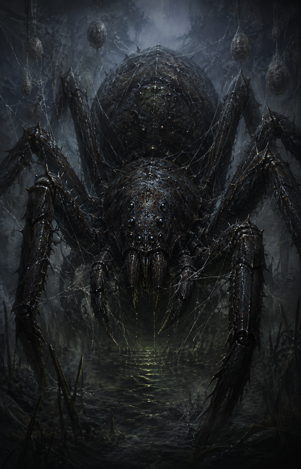 Painterly portrait of Maggris, the Hive Mother, a colossal spider in the foggy Felmist Marsh