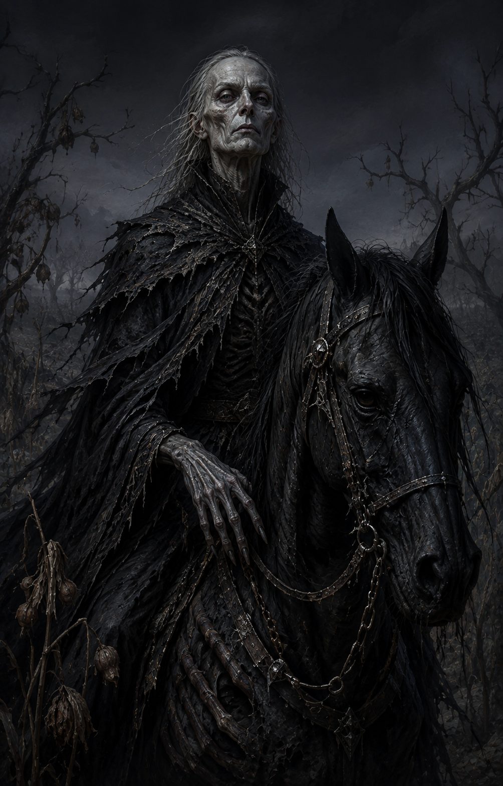 Painterly portrait of Famine, the Black Rider