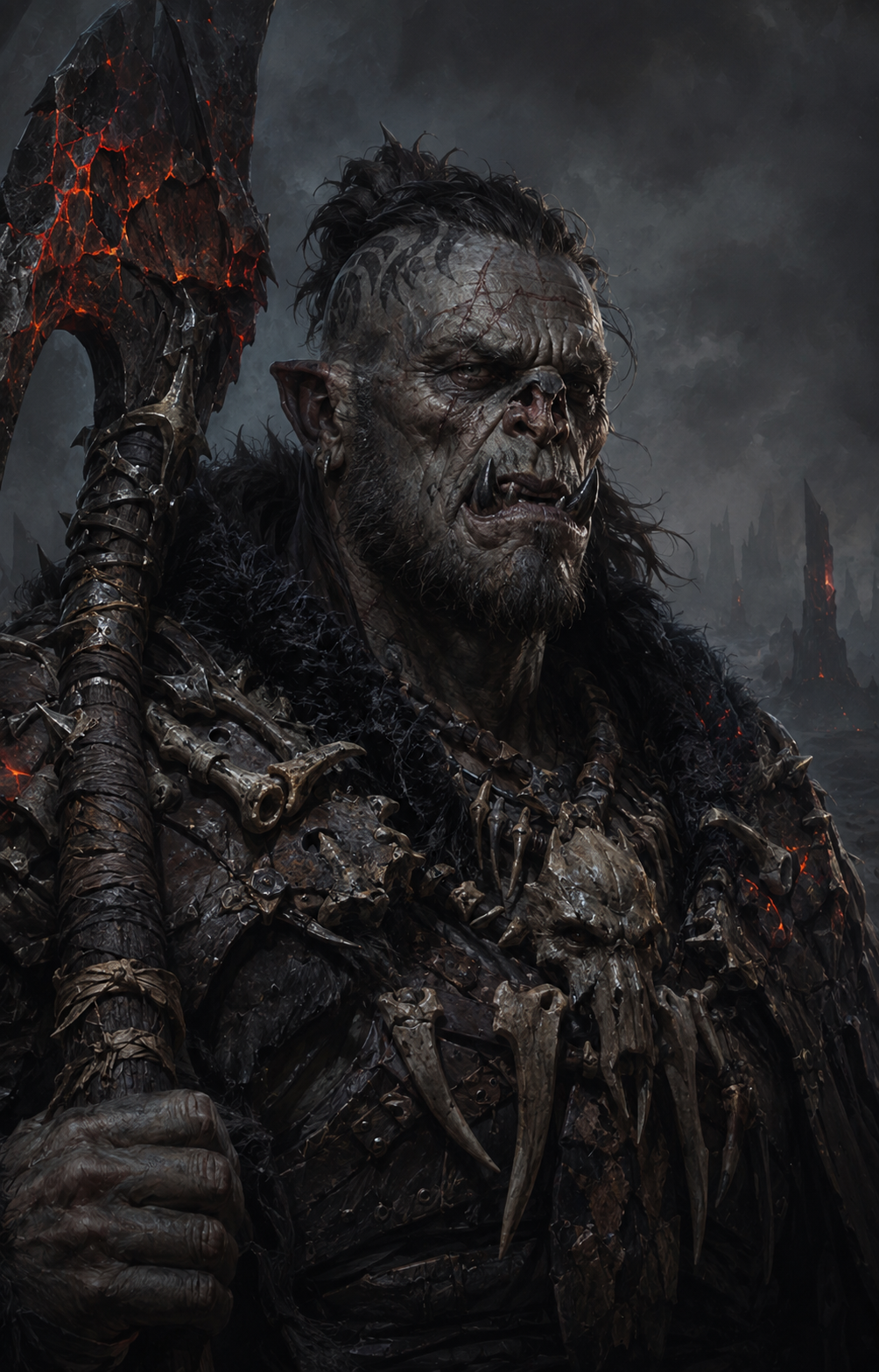 Painterly portrait of Gorvek Cinderbone, the Wastelord's Chosen