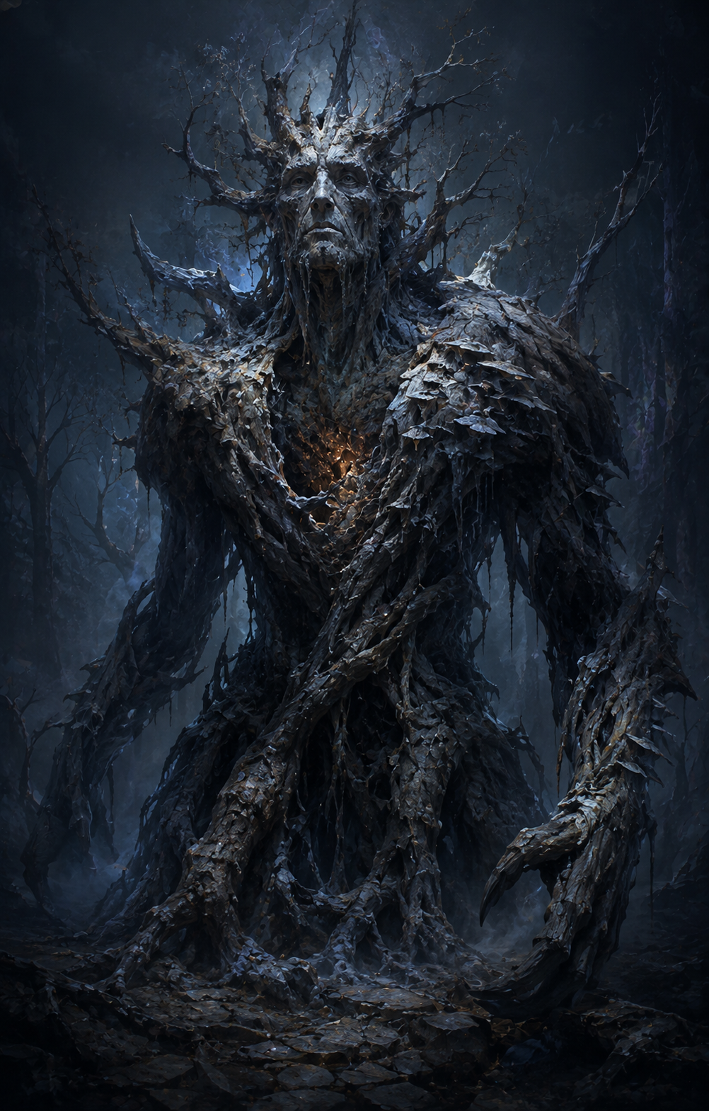 Painterly portrait of The Withering Bole, once a treant, still guarding