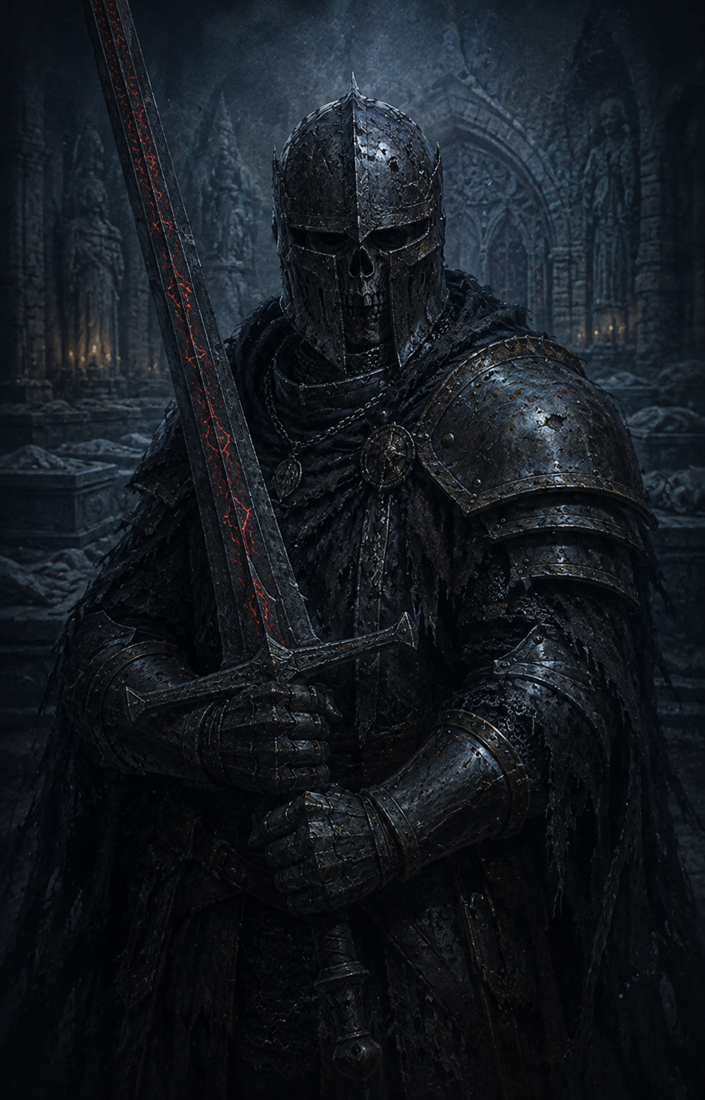Painterly portrait of undead knight Ser Aldric Vayne, the Doom-Bound, with a greatsword