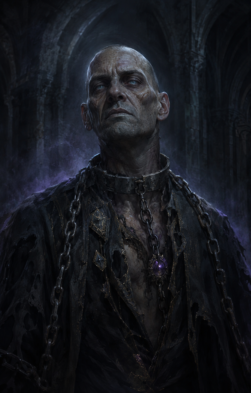 Painterly portrait of Kael Duskmourn, the Bound Thrall