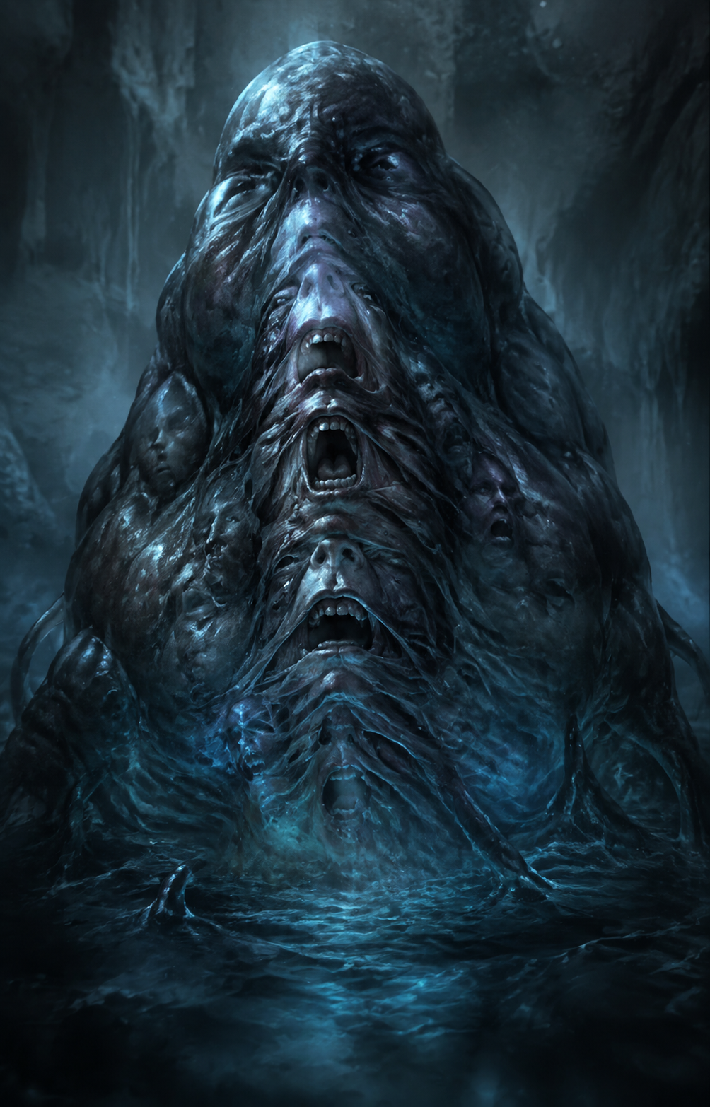 Painterly portrait of The Hollowthroat, a single drowned aberrant mass with many integrated voices