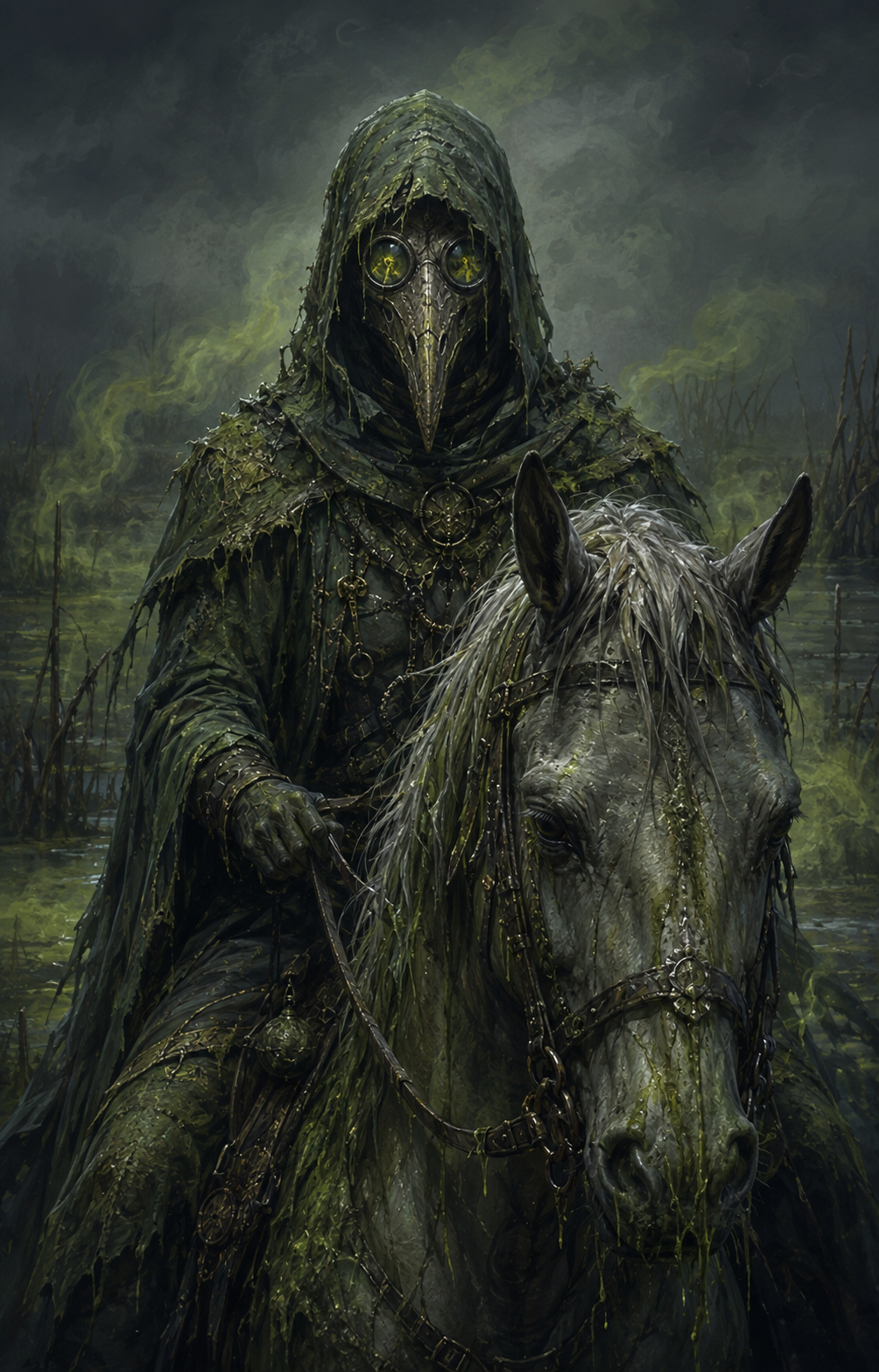 Painterly portrait of Pestilence, the Green Rider