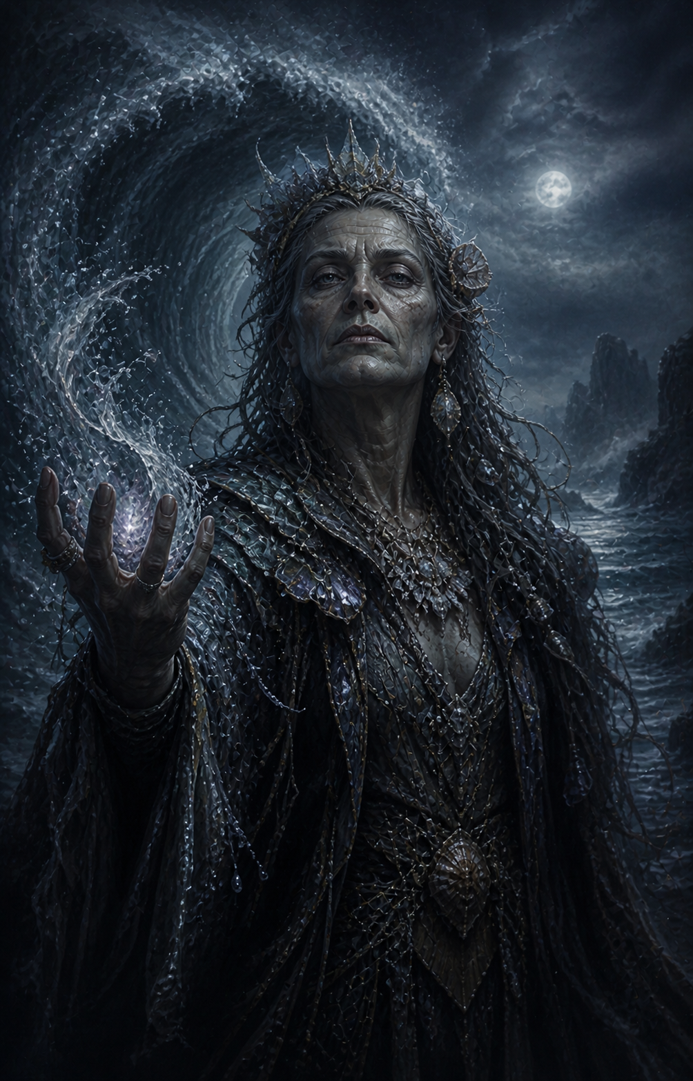 Painterly portrait of Mother Tideglass, the Ebb-and-Flood