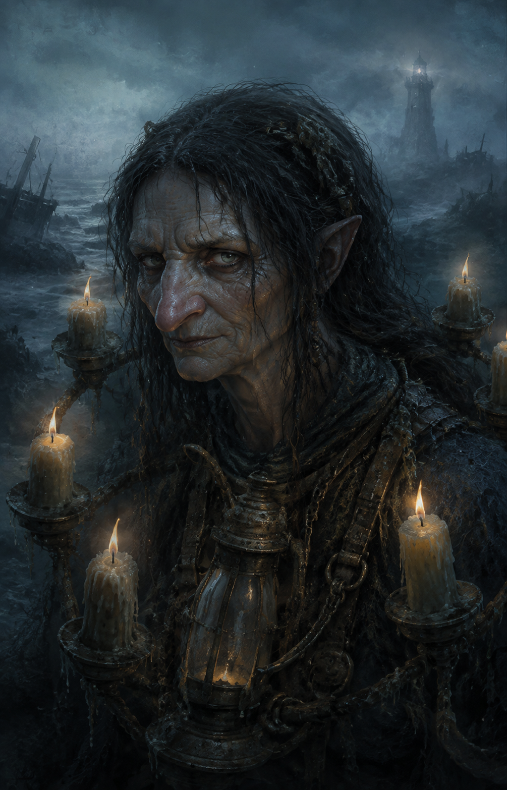 Painterly portrait of Grisla Wrecklight, the Lamp-Crone, surrounded by corpse-candles on a foggy coast