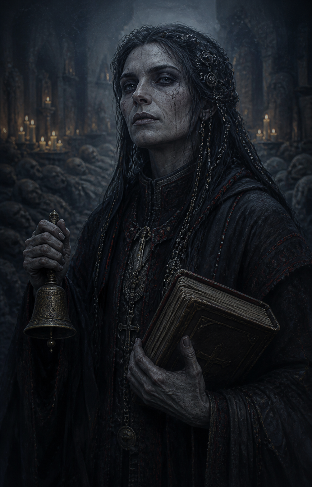 Painterly portrait of Ysolde Karrion, the Last Rite, holding a funeral bell and prayer book