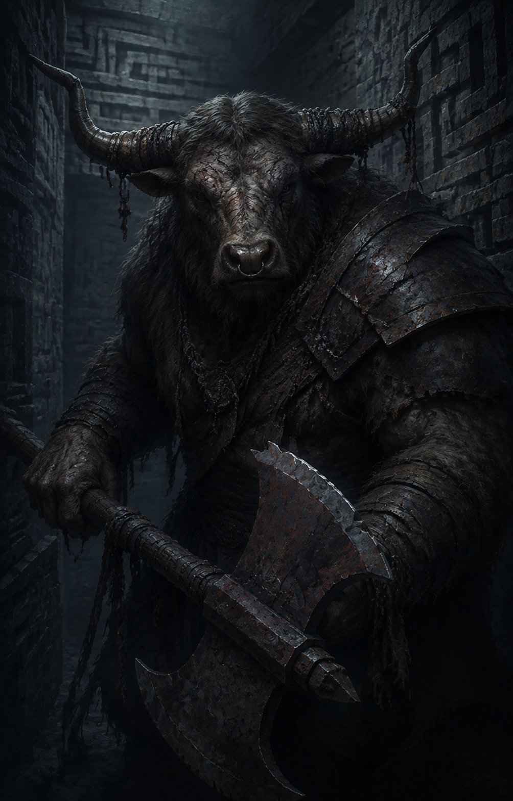 Painterly portrait of Old Korrgath, the scarred minotaur Maze-Warden, in a stone labyrinth