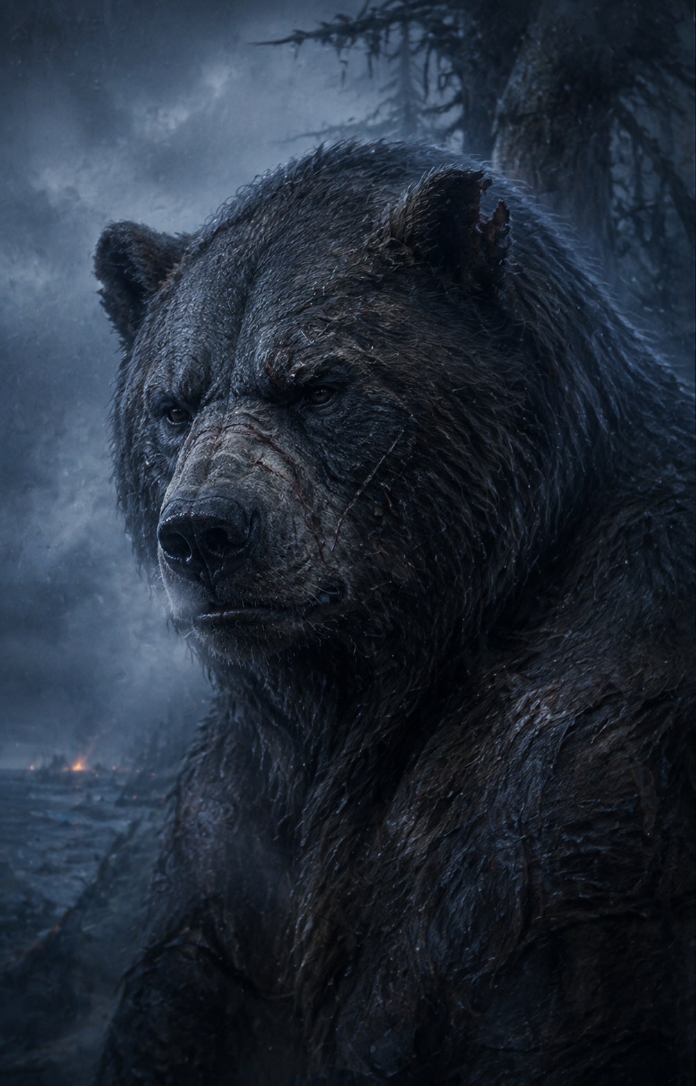 Painterly portrait of Lady Dire, the scarred ancient dire bear of the North Goblin Coast