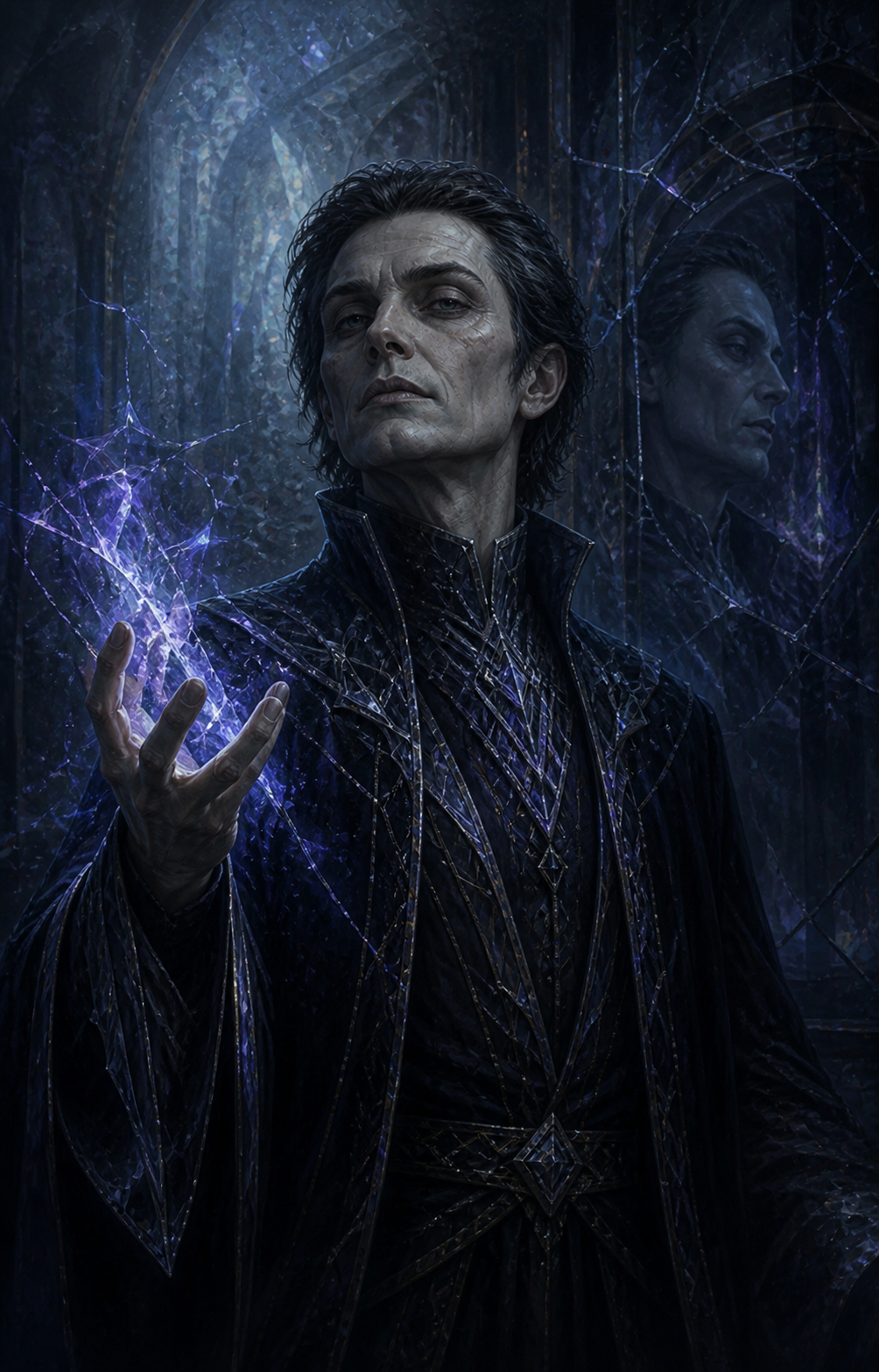 Painterly portrait of Malkar Voss, the Glass Magister, shaping a refracted arcane spell