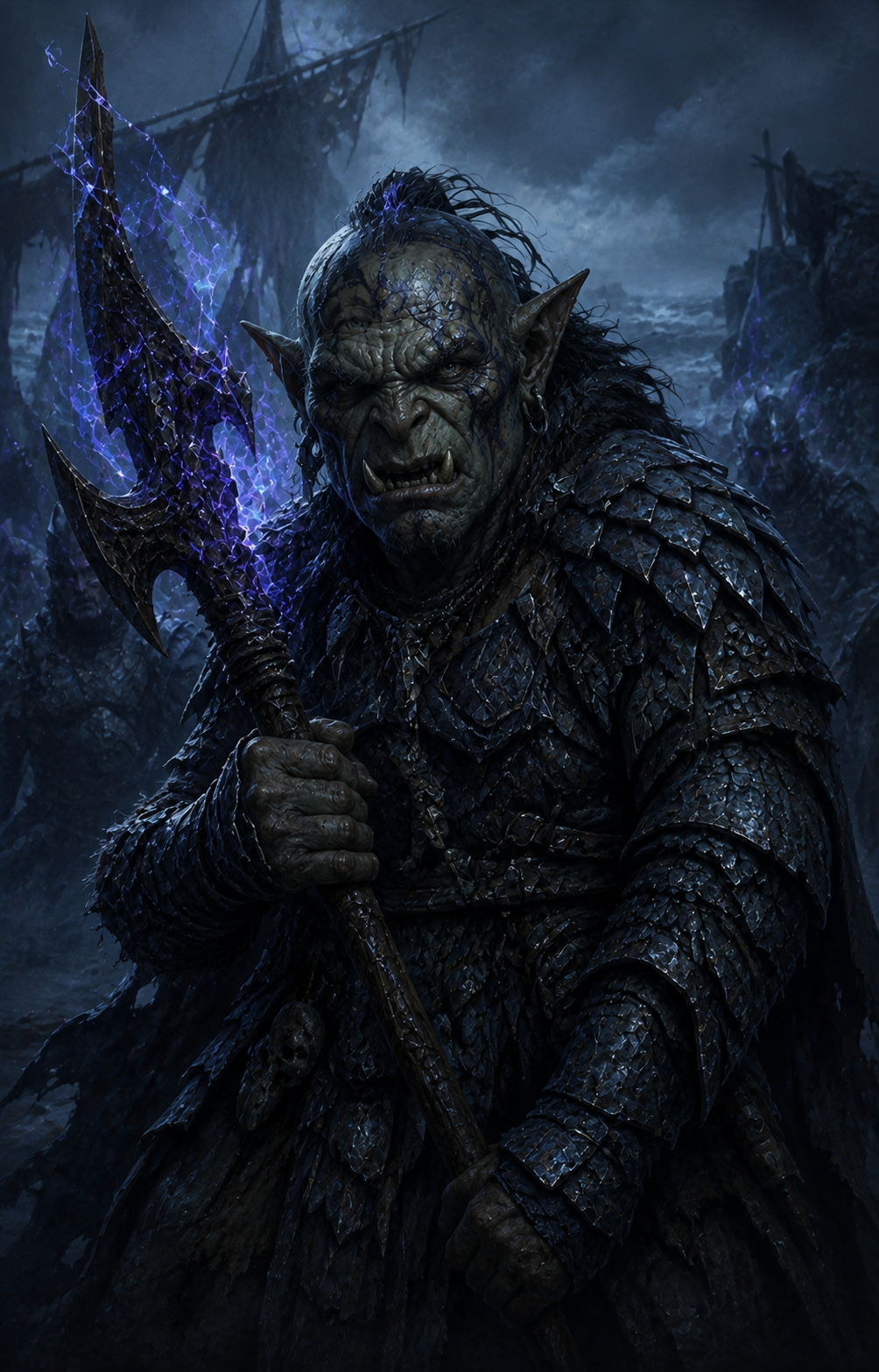 Painterly portrait of Kroth Ironscale, the Warband's Curse