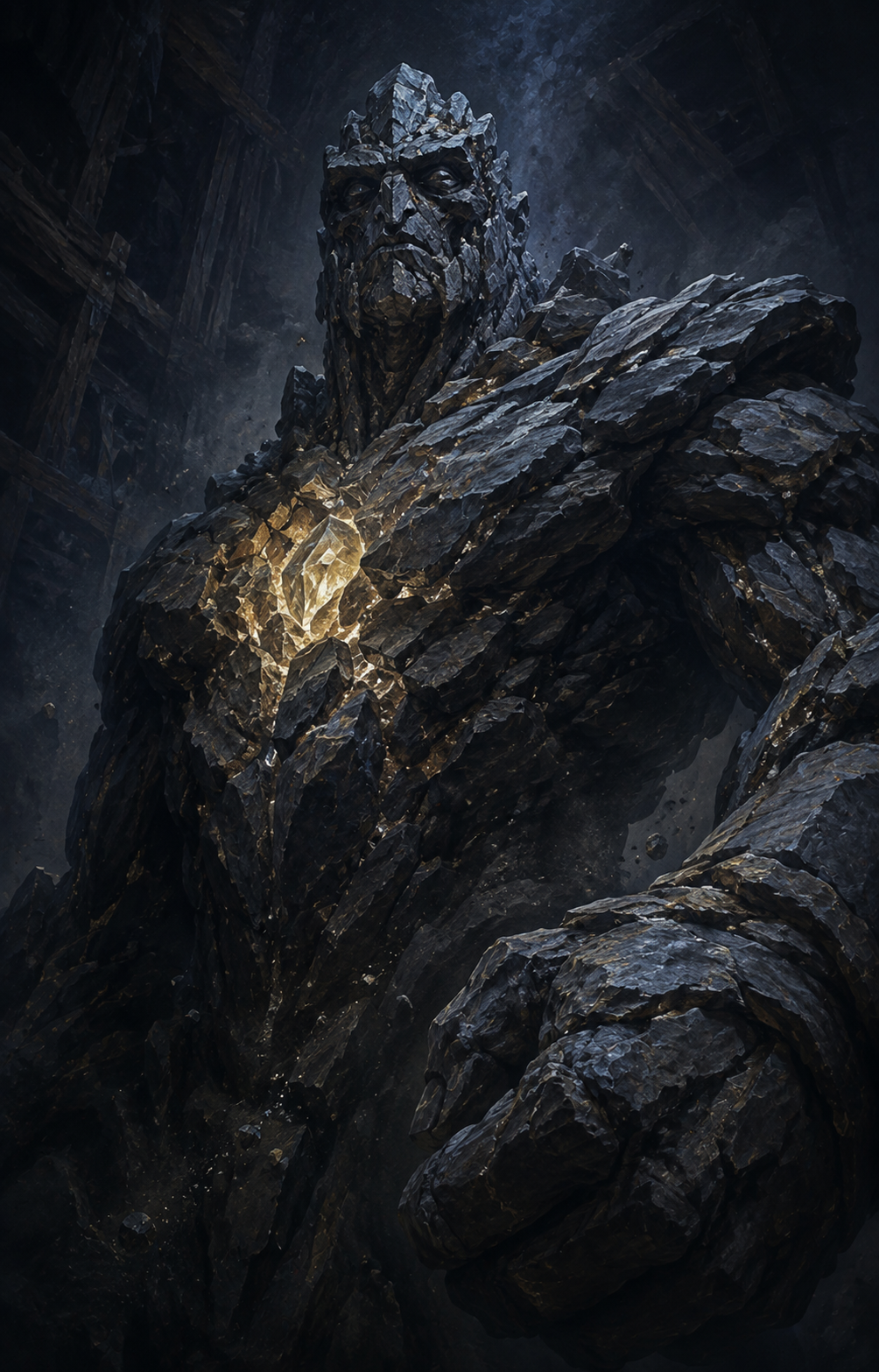 Painterly portrait of The Rockheart, a towering earth elemental with a glowing mineral core