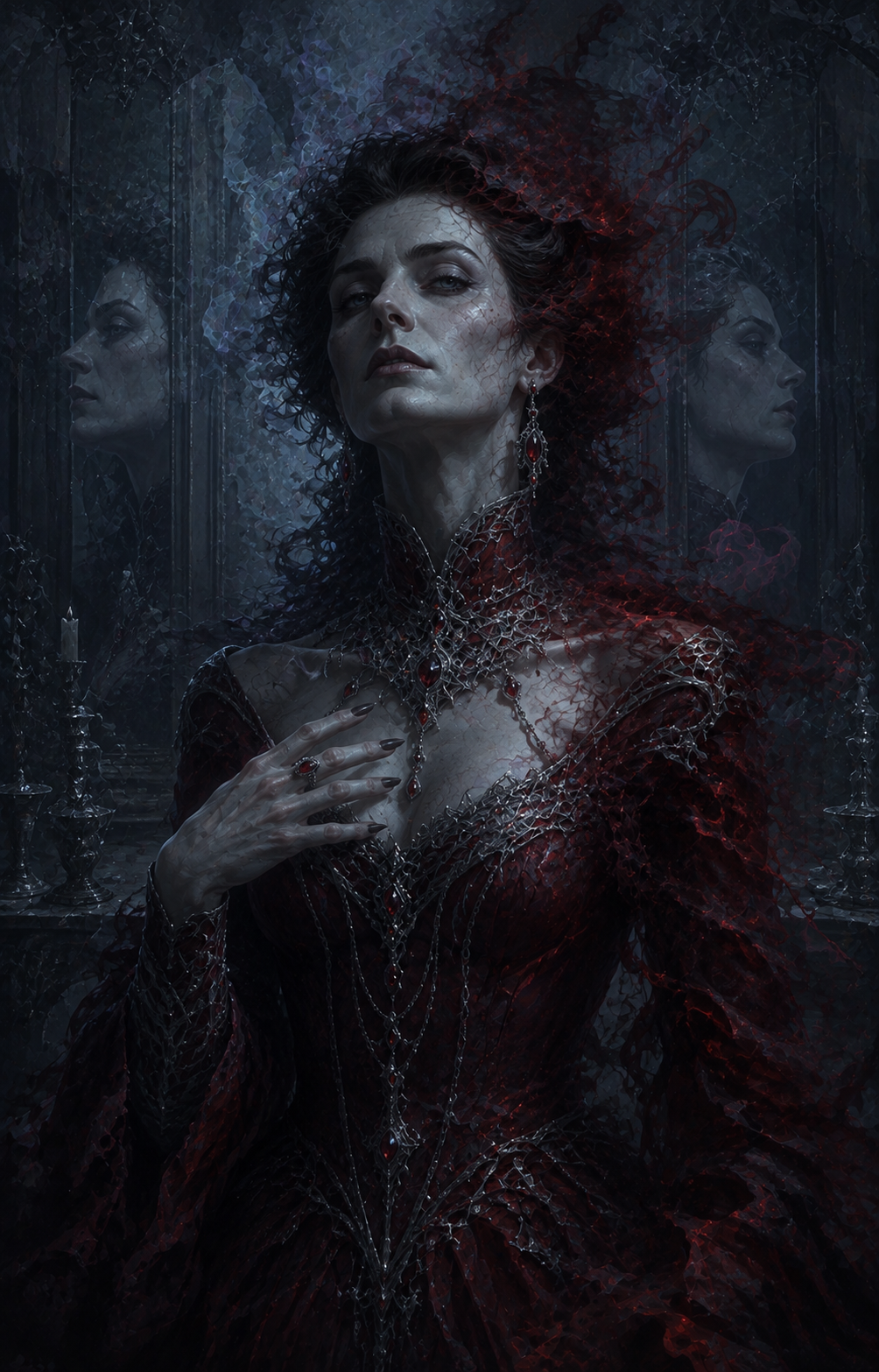 Painterly portrait of The Scarlet Countess, never quite where the damage is aimed