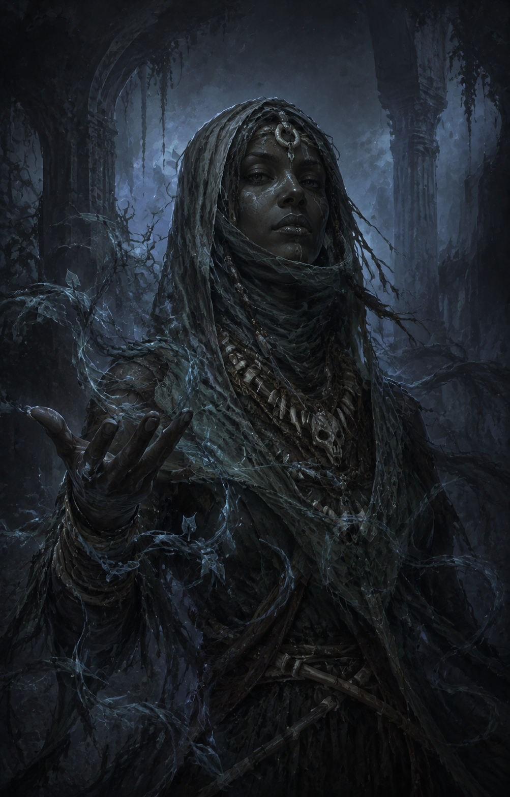 Painterly portrait of Ku'tana, the Shroud-Weaver