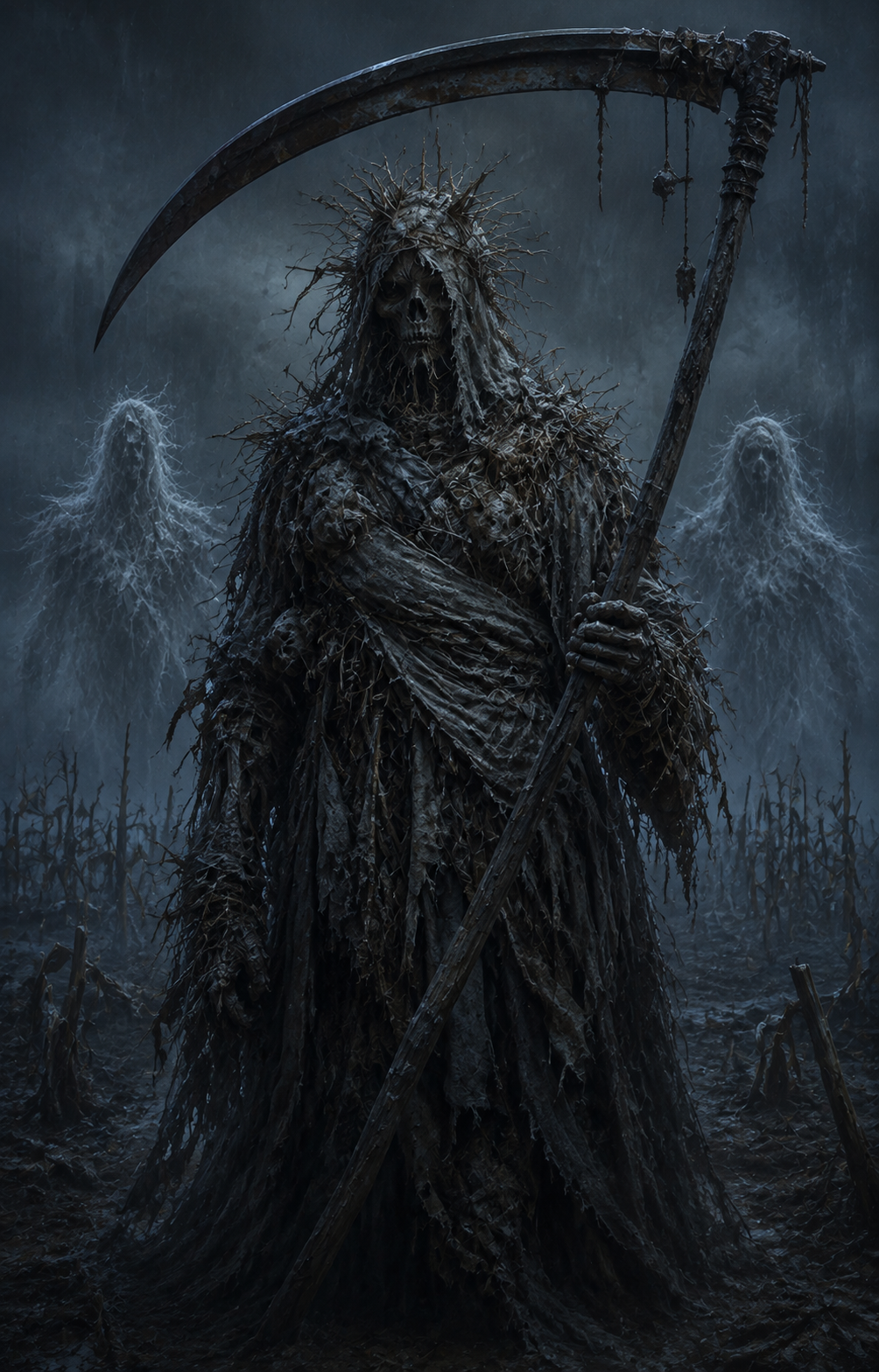 Painterly portrait of The Gleaner, a harvest's worth of the field's dead, bundled and given a scythe