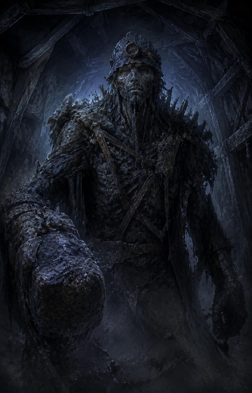 Painterly portrait of The Hollow Warden, the mine's own collapse, still moving