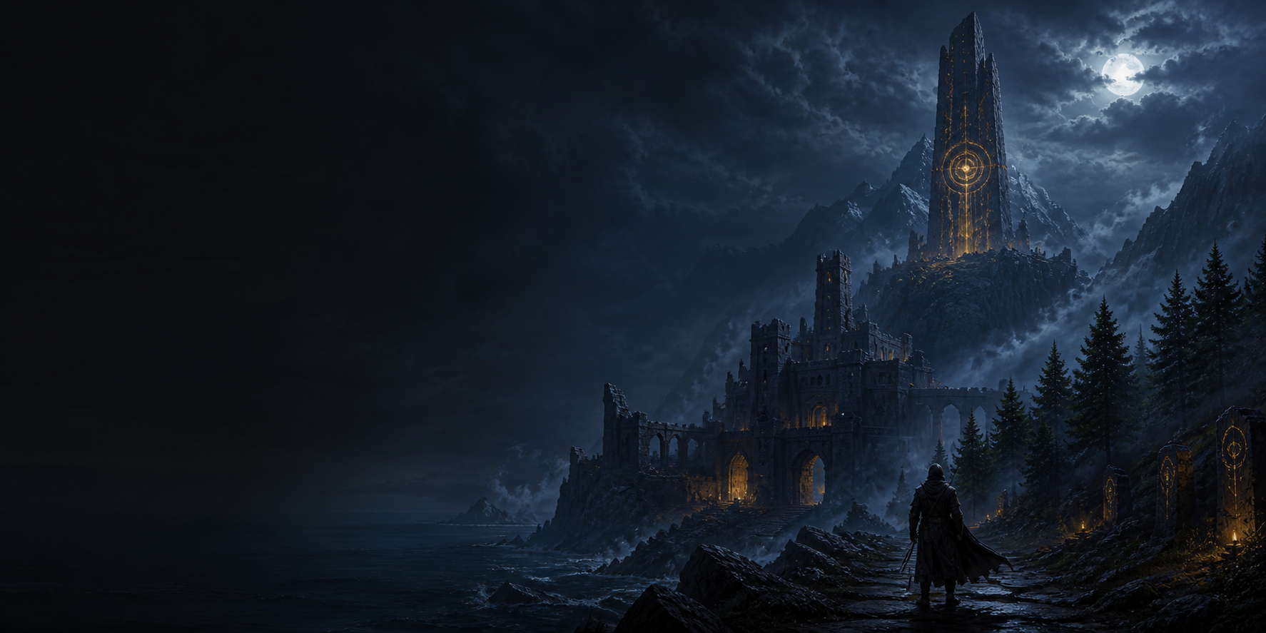 A lone traveler approaching the Worldstone citadel beneath a moonlit storm
