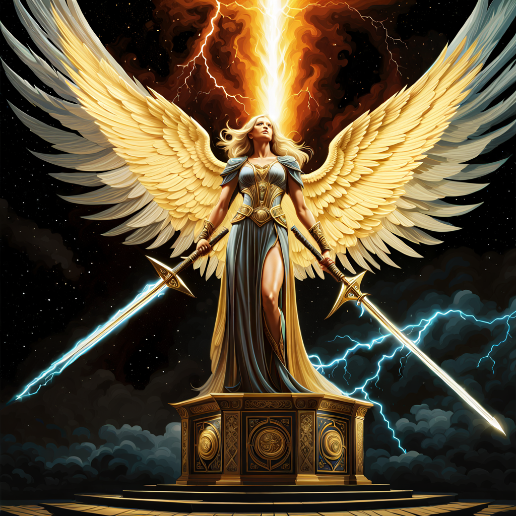 A golden-winged celestial standing beneath fire and lightning